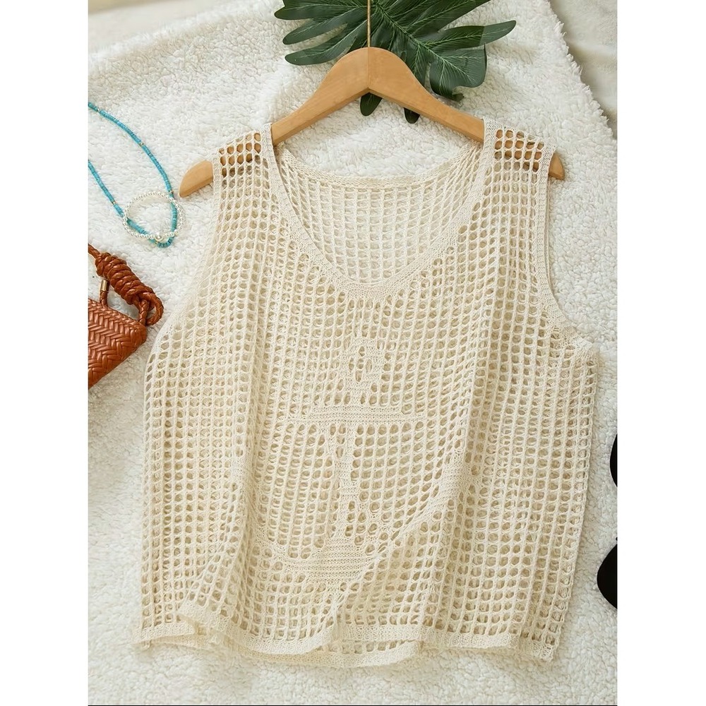 Unbranded Cream Crochet Knit Anchor Tank Top Mesh V-Neck Sleeveless Beach NEW L